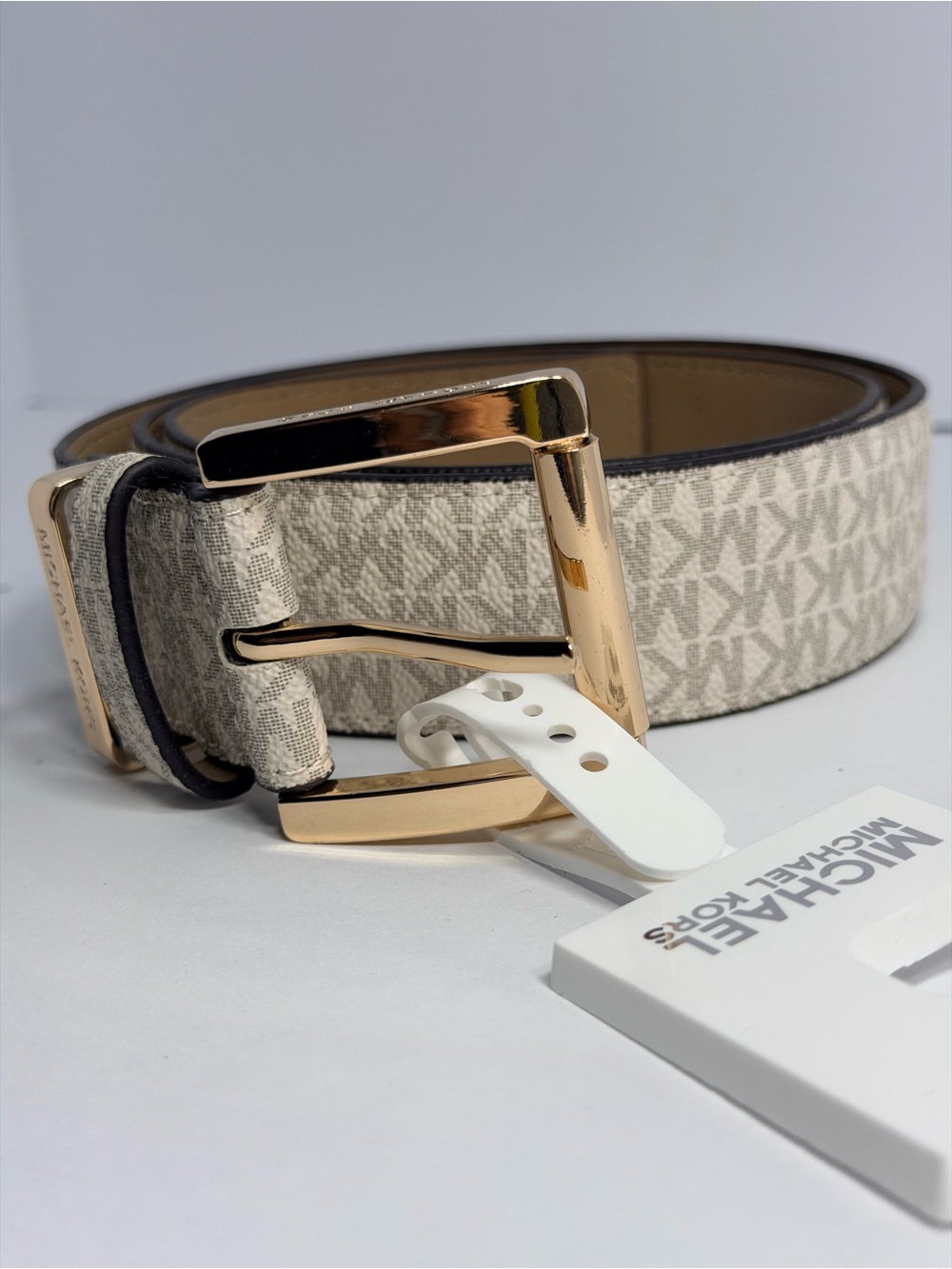 Michael Kors women’s Signature Logo Beige Belt with Gold Buckle